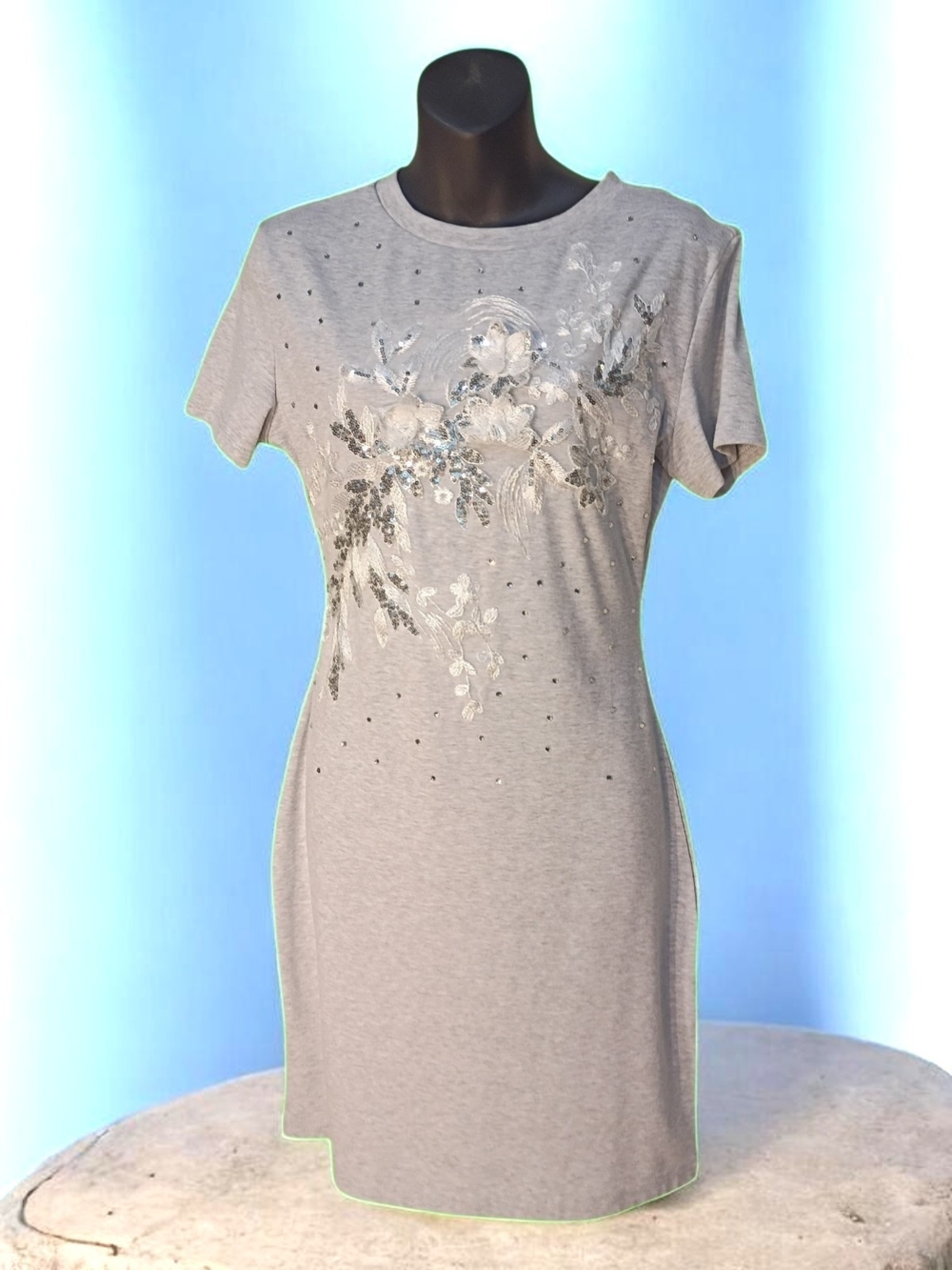 On Twelfth Embellished Light Gray Floral Mini Dress